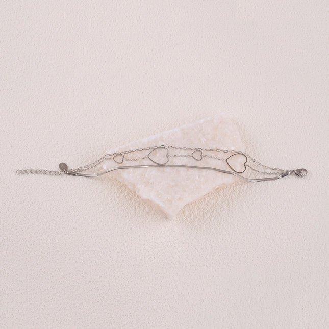 Bracelet 3 rangs - mailles miroir, forçat et coeurs ajourés