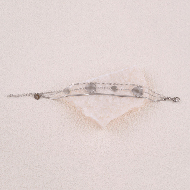 Bracelet 3 rangs - mailles miroir, forçat et coeurs striés