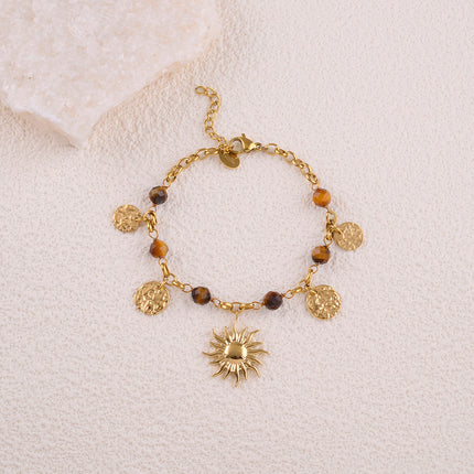 Bracelet Rosaline - pampilles rondes martelées, pierres naturelles, pendentif soleil