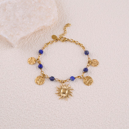 Bracelet Rosaline - pampilles rondes martelées, pierres naturelles, pendentif soleil