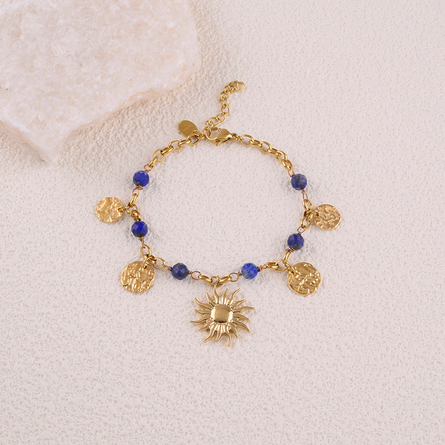 Bracelet Rosaline - pampilles rondes martelées, pierres naturelles, pendentif soleil