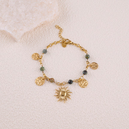 Bracelet Rosaline - pampilles rondes martelées, pierres naturelles, pendentif soleil
