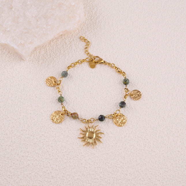 Bracelet Rosaline - pampilles rondes martelées, pierres naturelles, pendentif soleil