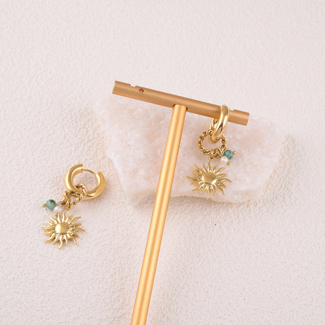 Rosaline Creole Earrings - twisted ring, natural stones, sun pendant