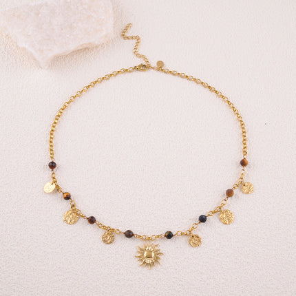 Collier Rosaline - pampilles rondes martelées, pierres naturelles, pendentif soleil