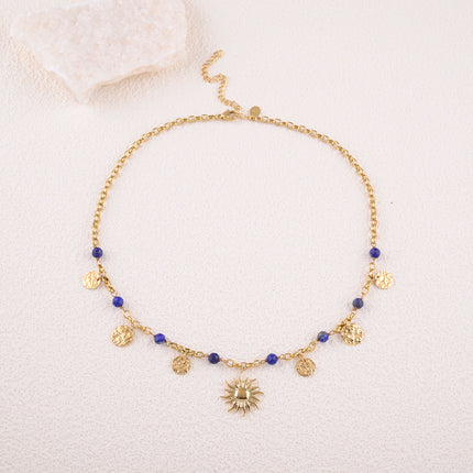 Collier Rosaline - pampilles rondes martelées, pierres naturelles, pendentif soleil