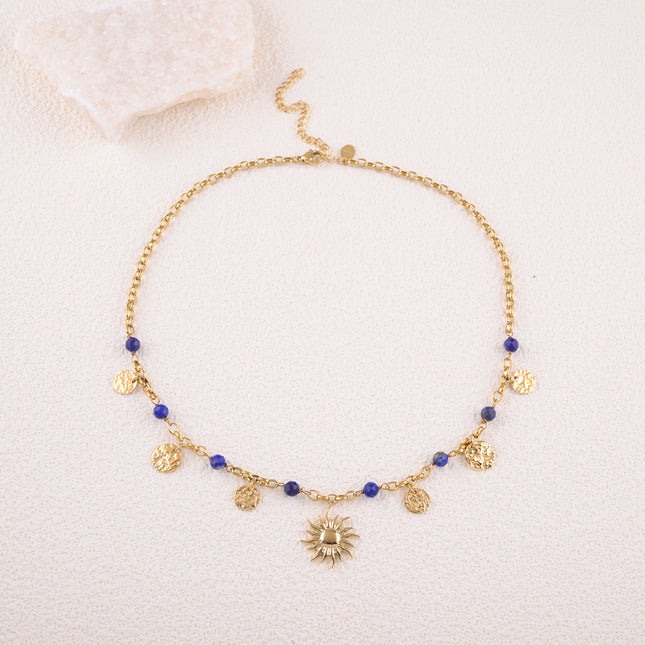 Rosaline Necklace - hammered round tassels, natural stones, sun pendant