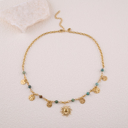 Collier Rosaline - pampilles rondes martelées, pierres naturelles, pendentif soleil