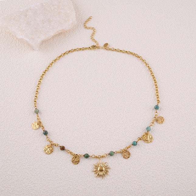 Rosaline Necklace - hammered round tassels, natural stones, sun pendant
