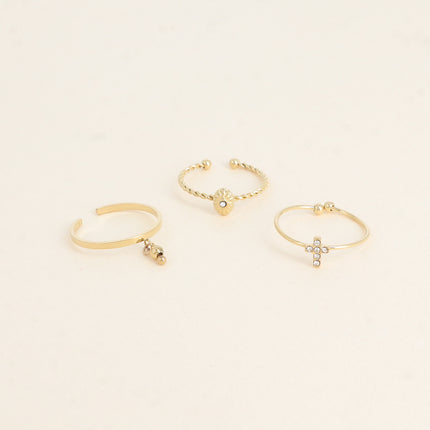 Set de 3 bagues - boule, ovale et losange texturé, croix et oxydes de zirconium