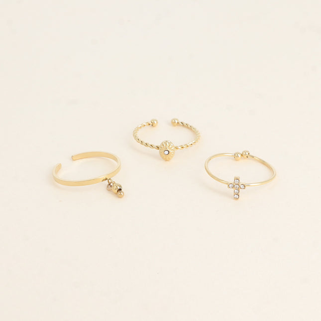 Set de 3 bagues - boule, ovale et losange texturé, croix et oxydes de zirconium