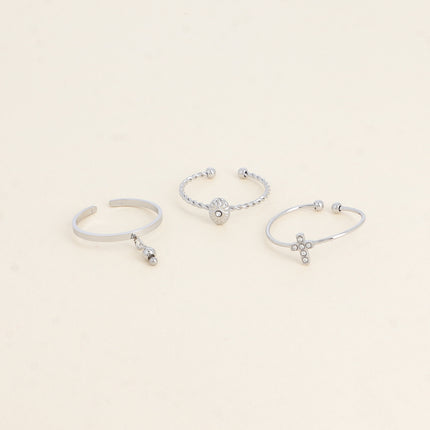 Set de 3 bagues - boule, ovale et losange texturé, croix et oxydes de zirconium