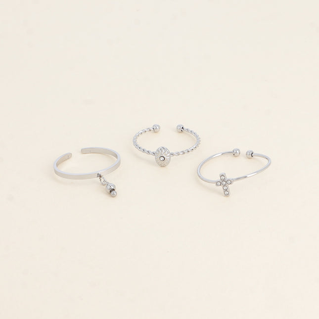 Set de 3 bagues - boule, ovale et losange texturé, croix et oxydes de zirconium