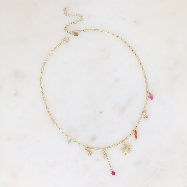 Necklace - charms (bow tie, heart, glass beads and diamond with crystals)