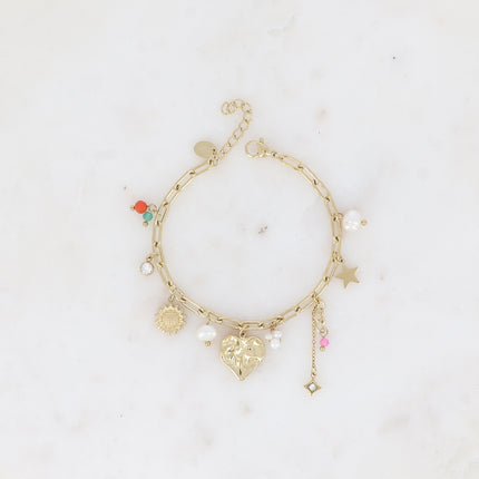 Bracelet - coeur, fleur, étoiles, perles d'eau douce, pâtes de verre et cristaux