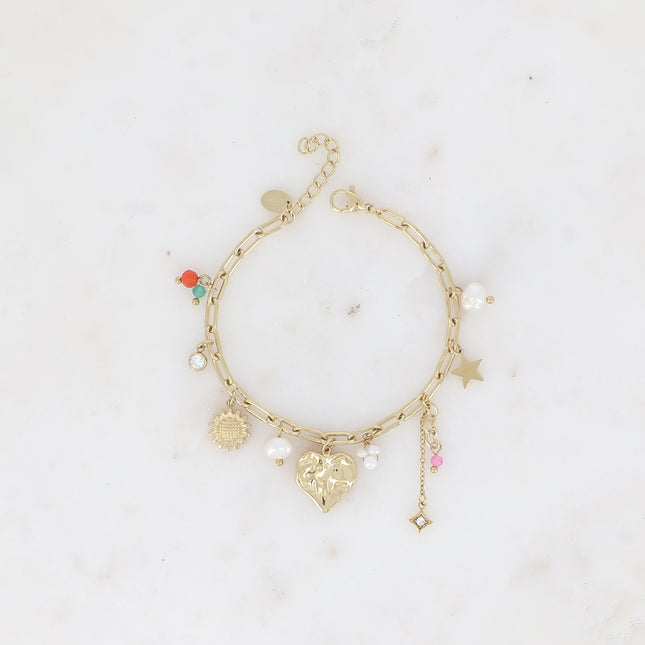 Bracelet - coeur, fleur, étoiles, perles d'eau douce, pâtes de verre et cristaux