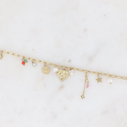 Bracelet - coeur, fleur, étoiles, perles d'eau douce, pâtes de verre et cristaux