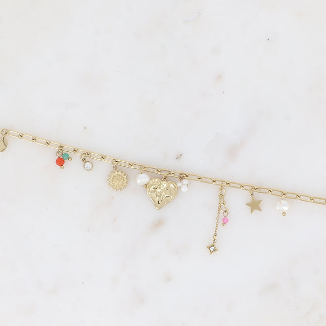 Bracelet - coeur, fleur, étoiles, perles d'eau douce, pâtes de verre et cristaux