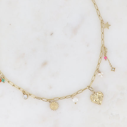 Collier - coeur, fleur, étoiles, perles d'eau douce, pâtes de verre et cristaux
