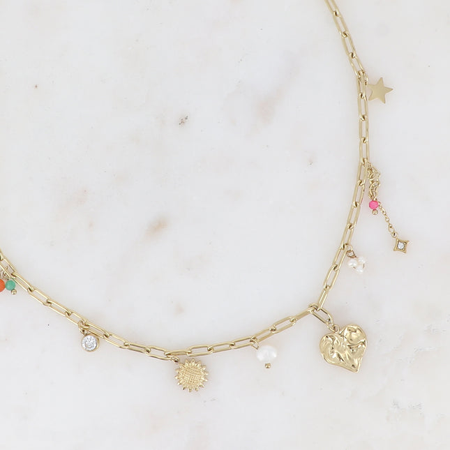 Collier - coeur, fleur, étoiles, perles d'eau douce, pâtes de verre et cristaux