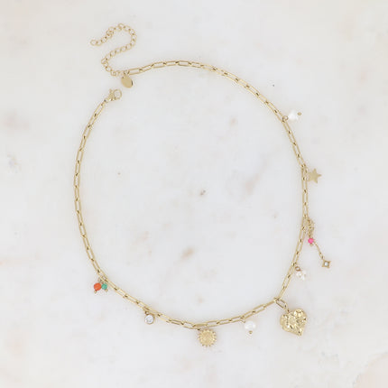 Collier - coeur, fleur, étoiles, perles d'eau douce, pâtes de verre et cristaux