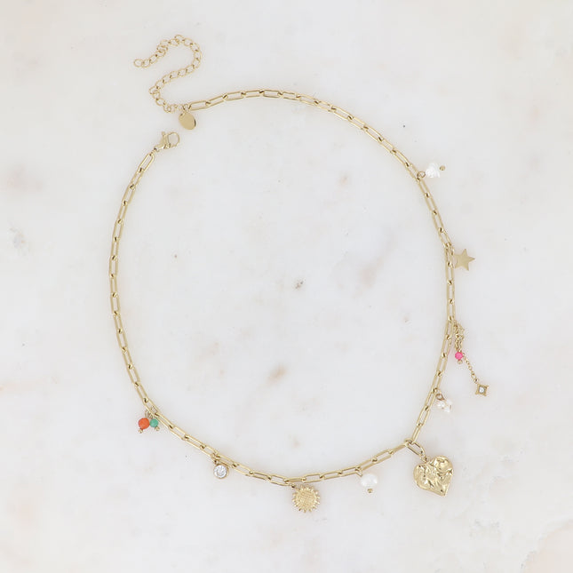 Collier - coeur, fleur, étoiles, perles d'eau douce, pâtes de verre et cristaux