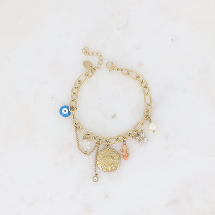 Taliya bracelet - charms (eye and cubic zirconia, mother-of-pearl flower, enamel, butterfly, natural stones)