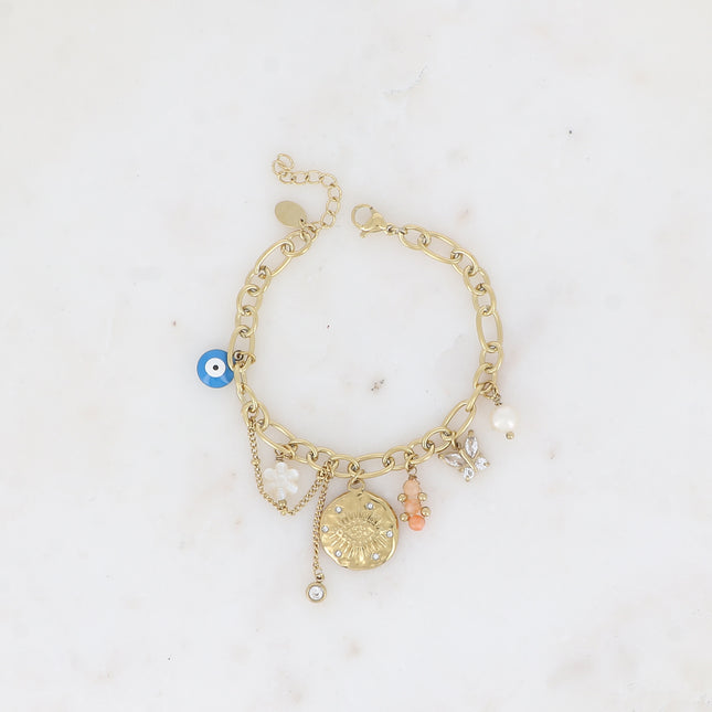 Bracelet Taliya - breloques (oeil et oxydes de zirconium, fleur nacrée, émail, papillon, pierres naturelles)