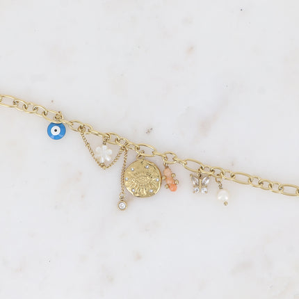 Taliya bracelet - charms (eye and cubic zirconia, mother-of-pearl flower, enamel, butterfly, natural stones)