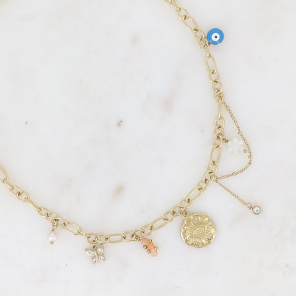 Collier Taliya - breloques (oeil et oxydes de zirconium, fleur nacrée, émail, papillon, pierres naturelles)