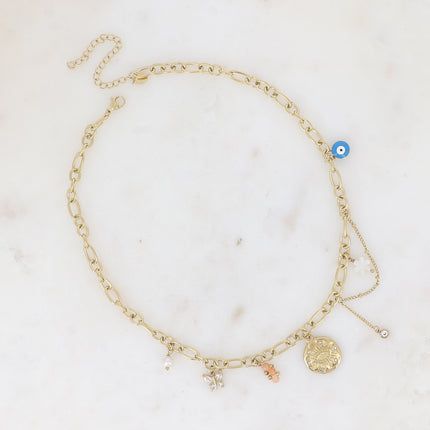 Collier Taliya - breloques (oeil et oxydes de zirconium, fleur nacrée, émail, papillon, pierres naturelles)