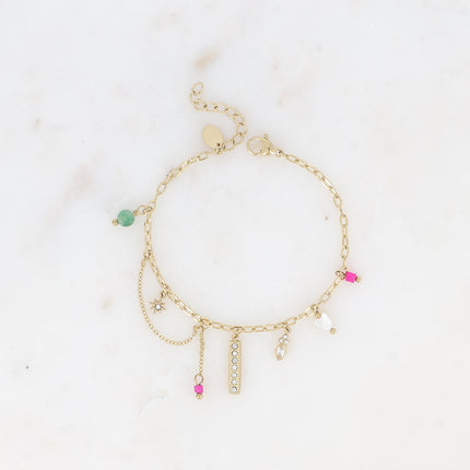 Bracelet - breloques (barre et oxydes de zirconium, coeur, pierres naturelles)