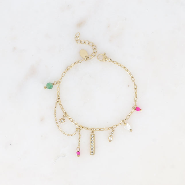Bracelet - breloques (barre et oxydes de zirconium, coeur, pierres naturelles)