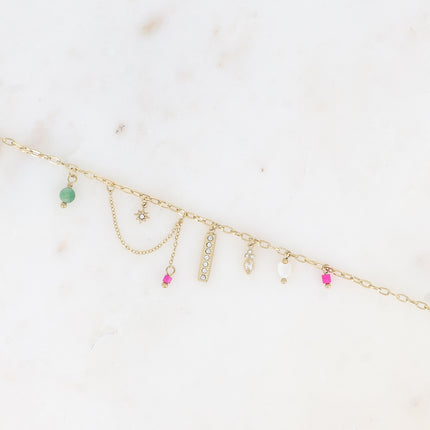 Bracelet - breloques (barre et oxydes de zirconium, coeur, pierres naturelles)