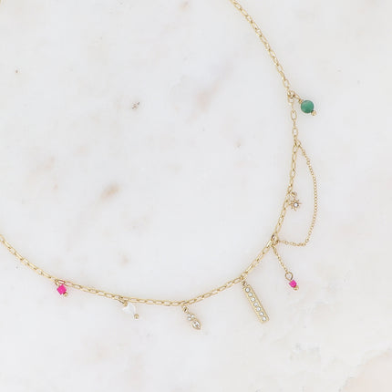 Collier - breloques (barre et oxydes de zirconium, coeur, pierres naturelles)