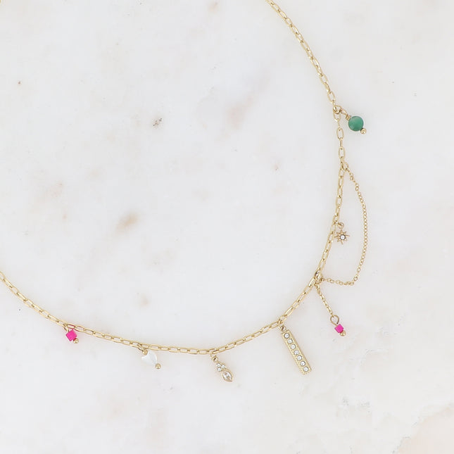 Collier - breloques (barre et oxydes de zirconium, coeur, pierres naturelles)
