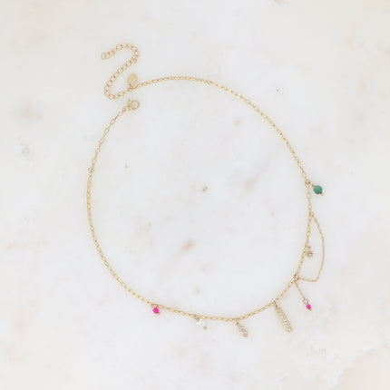 Collier - breloques (barre et oxydes de zirconium, coeur, pierres naturelles)
