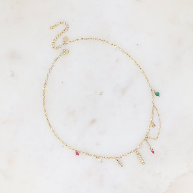 Collier - breloques (barre et oxydes de zirconium, coeur, pierres naturelles)