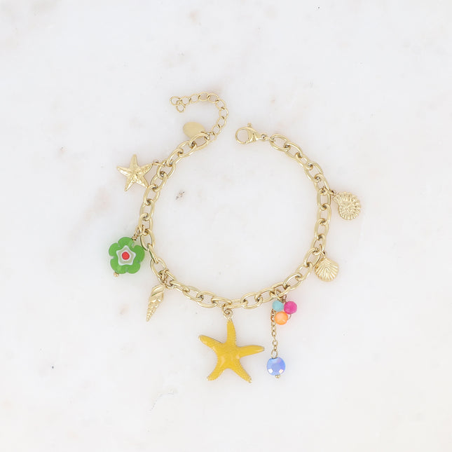 Bracelet Keïna - breloques (étoile de mer émaillée, coquillages, coeur, fleur, pâtes de verre)