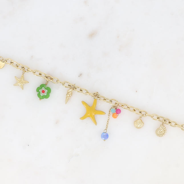 Bracelet Keïna - breloques (étoile de mer émaillée, coquillages, coeur, fleur, pâtes de verre)