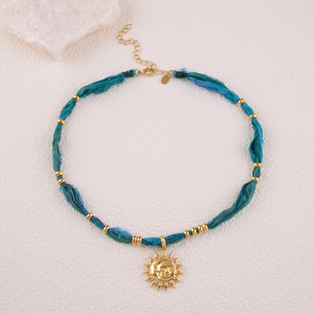 Aquarela fabric necklace - smiling sun pattern and tassel