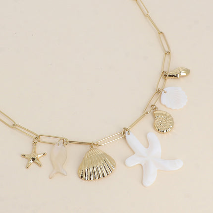 Collier Lualy - breloques marins (étoiles de mer, poisson en acétate et coquillages) et pâtes de verre
