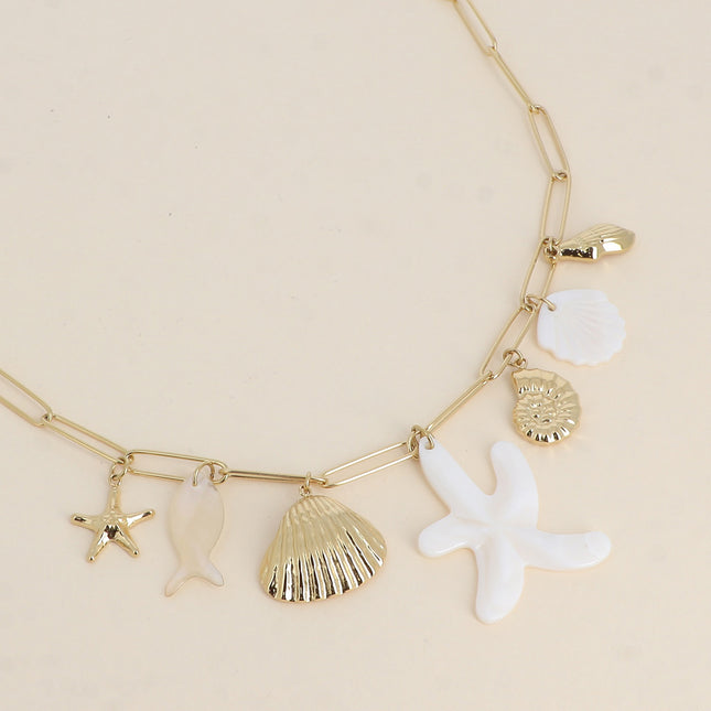 Lualy Necklace - marine charms (starfish, acetate fish and seashells) and glass beads