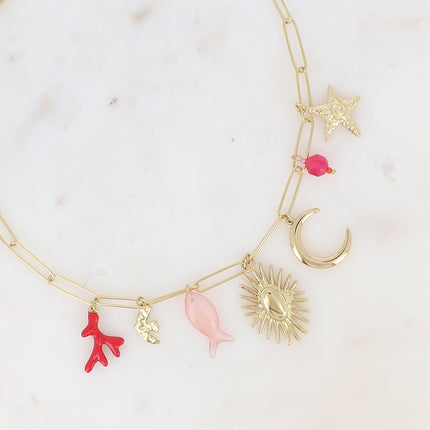 Collier - breloques (corail émaillé, oiseau, poisson en acétate, soleil ovale, étoile de mer) et pierres naturelles