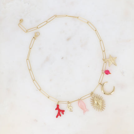 Collier - breloques (corail émaillé, oiseau, poisson en acétate, soleil ovale, étoile de mer) et pierres naturelles
