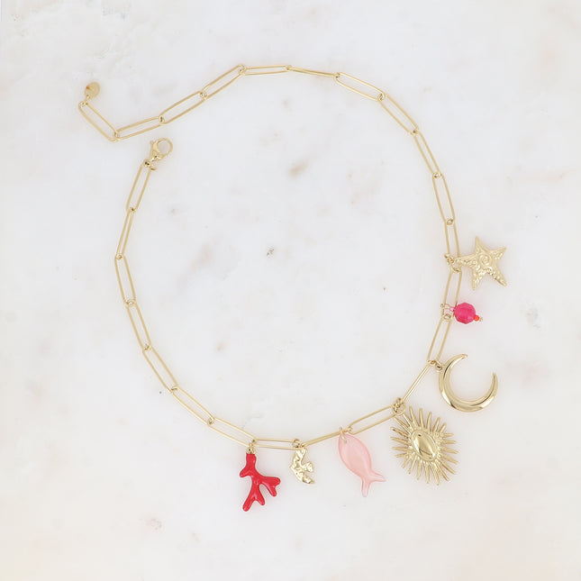 Necklace - charms (enamel coral, bird, acetate fish, oval sun, starfish) and natural stones