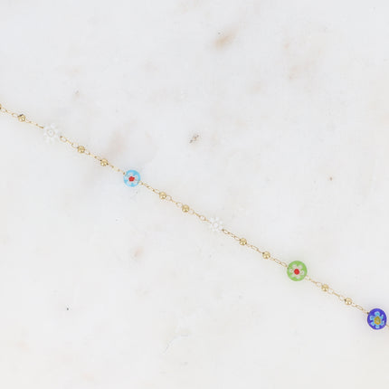 Bracelet fin - chaîne à boules avec pampilles rondes en résine aux fleurs