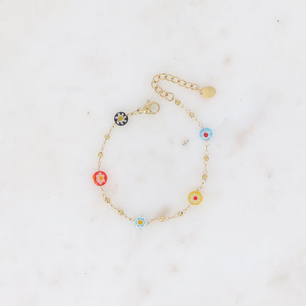 Bracelet fin - chaîne à boules avec pampilles rondes en résine aux fleurs