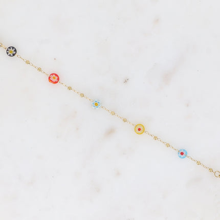 Bracelet fin - chaîne à boules avec pampilles rondes en résine aux fleurs