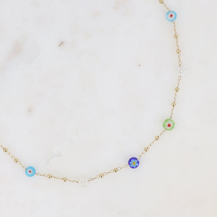 Collier fin - chaîne à boules avec pampilles rondes en résine aux fleurs